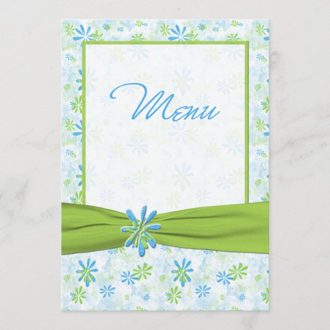 Tarjeta de menú Boda floral verde, azul y blanco (Anverso)