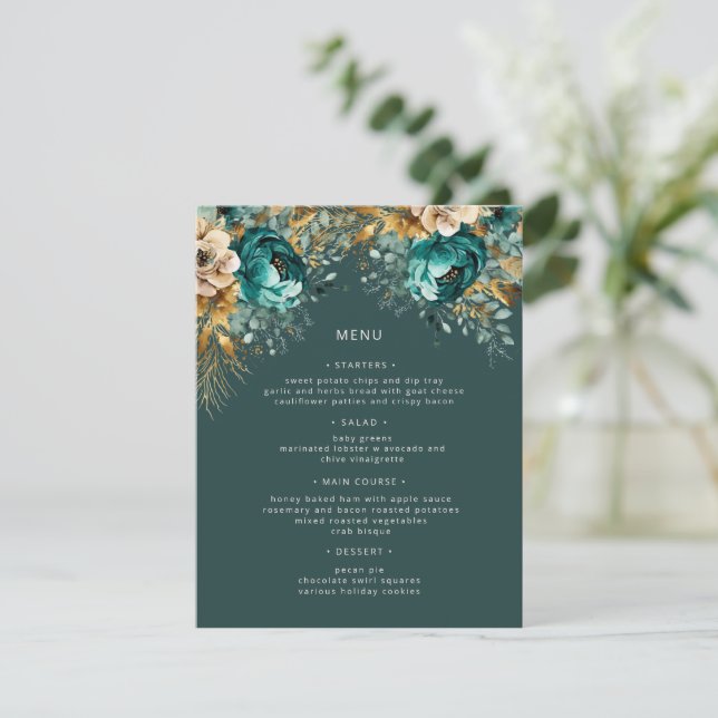 Tarjeta de menú Boda floral verde azulado Gold Lux (Anverso de pie)