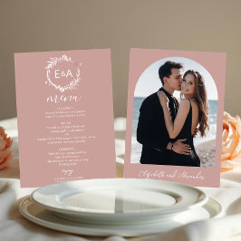 Tarjeta de menú Boda fotográfico de monograma rosa