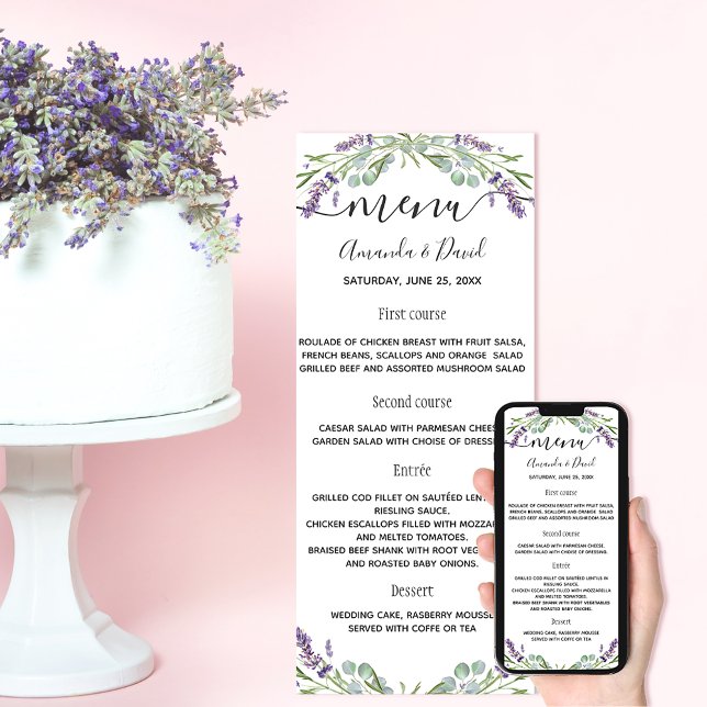 Tarjeta de menú boda Lavender violet eucalipto (Subido por el creador)