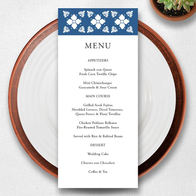 Tarjeta de menú Boda mexicana estilo Talavera (Talavera Style Mexican Wedding Menu Card)