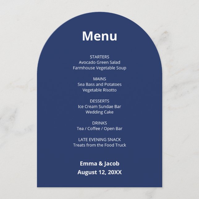 Tarjeta de menú Boda moderno azul marino (Anverso)