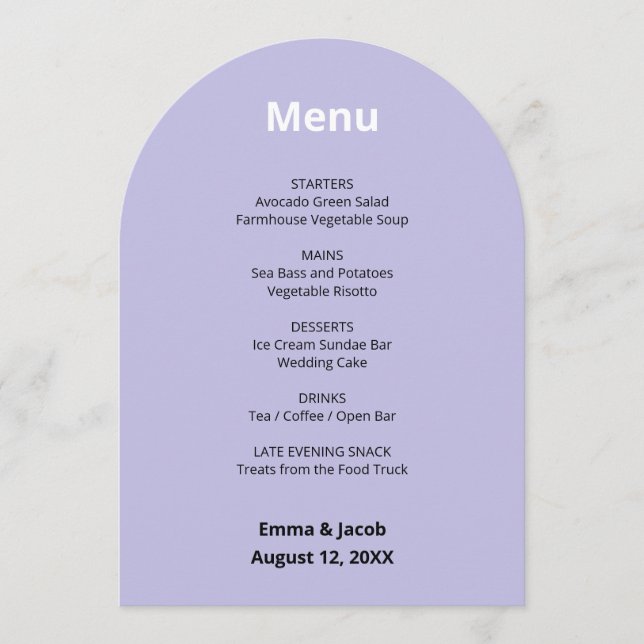 Tarjeta de menú Boda moderno morado claro (Anverso)