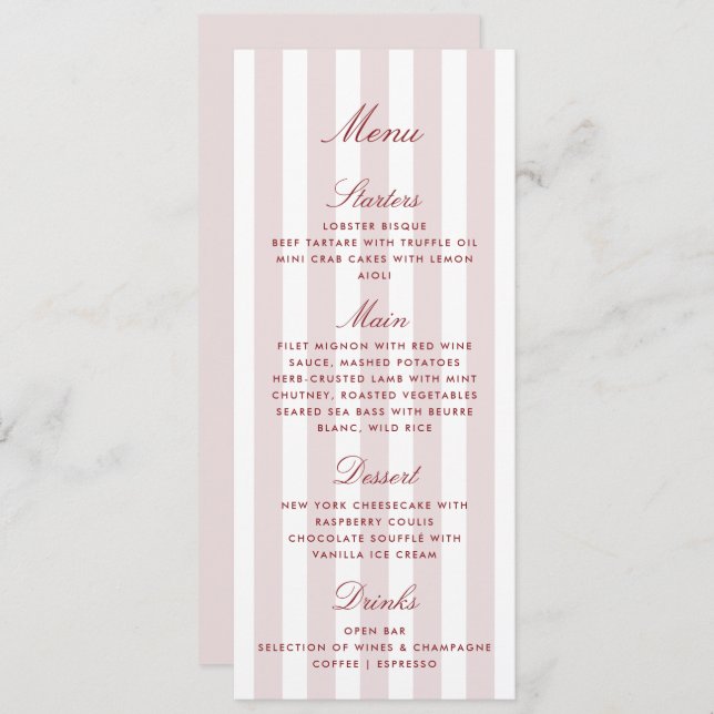 Tarjeta de menú Boda moderno Rubor Pink Stripes (Anverso / Reverso)