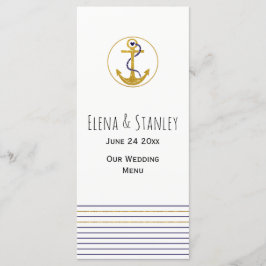 Tarjeta de menú boda náutico con ancla de oro y ra