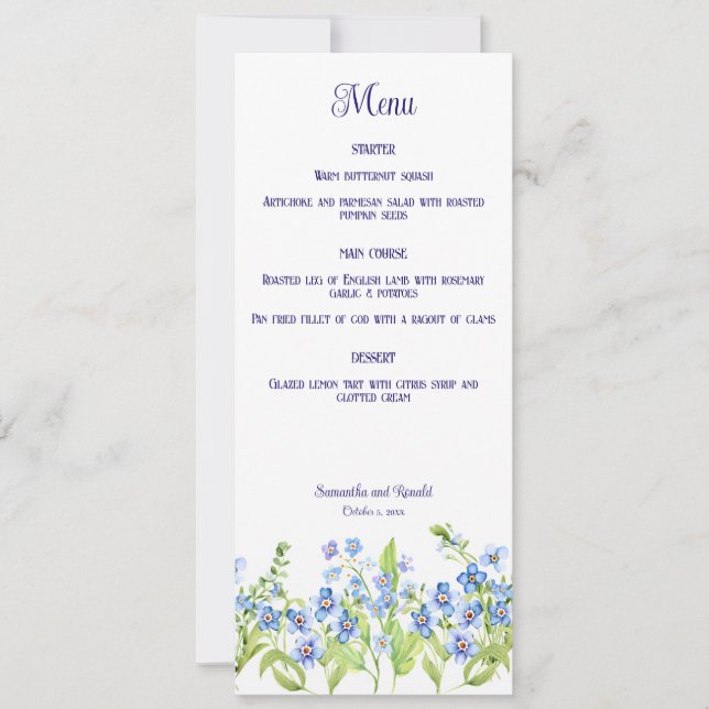 Tarjeta de menú Boda Olvídame No Flores (Anverso)