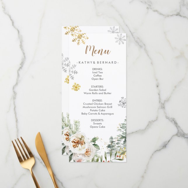 Tarjeta de menú Boda para Pinos de Flores Blancas  (Anverso/Reverso In Situ)