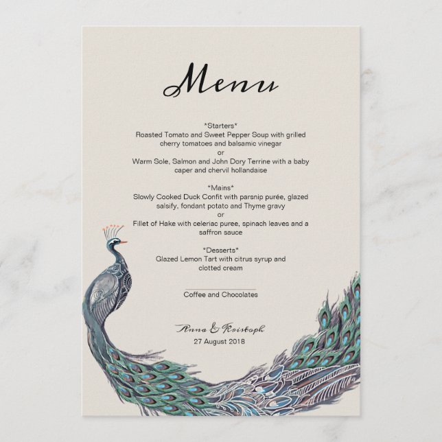 TARJETA DE MENÚ BODA PEACOCK (Anverso)