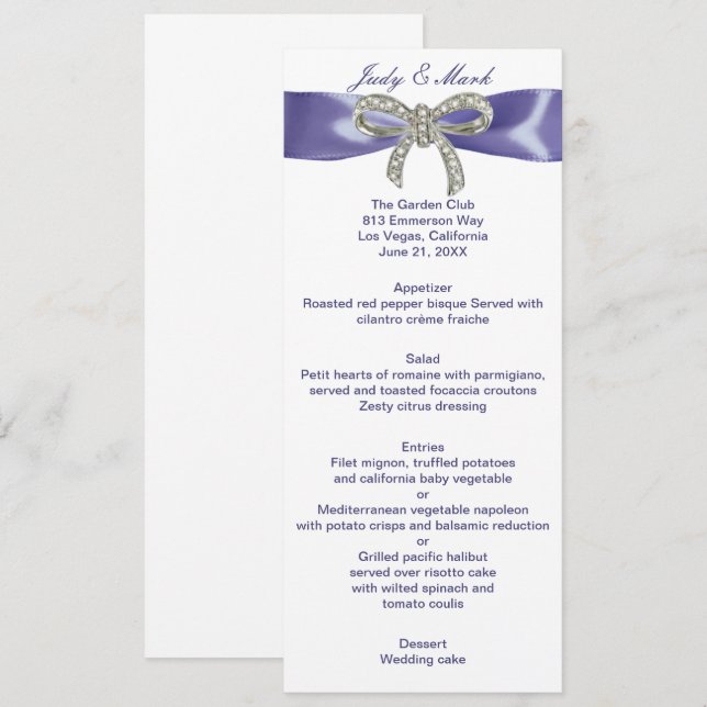 Tarjeta de menú Boda Purple Blue Diamond Bow (Anverso / Reverso)