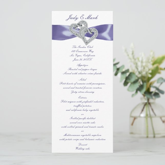 Tarjeta de menú Boda Purple Blue Diamond Hearts (Anverso de pie)