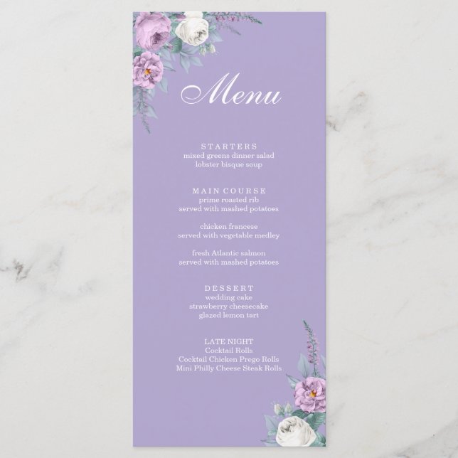 Tarjeta de menú Boda púrpura de lavanda moderna (Anverso)