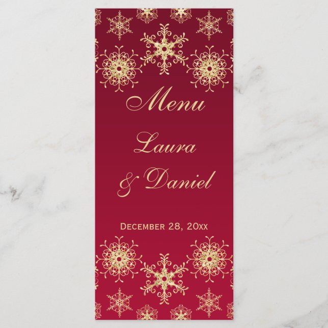 Tarjeta de menú Boda Red, Gold Purpurina Snowflake (Anverso)