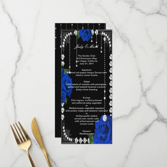 Tarjeta De Menú Boda Romántico De Rosas Azules Y D (Anverso/Reverso In Situ)