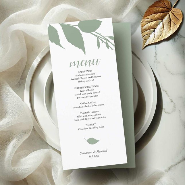 Tarjeta de menú Boda verde (Wedding menu card tea length minimalist sage green leaves by Victoria Grigaliunas Do Tell A Belle)