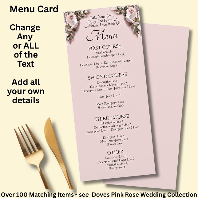 Tarjeta de menú - Bodas de Rosas Rosadas y Palomas (Subido por el creador)
