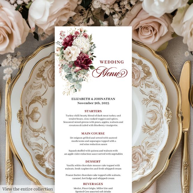 Tarjeta de menú Boho burgundy blanco dorado floral (Boho burgundy white gold floral wedding menu card

)