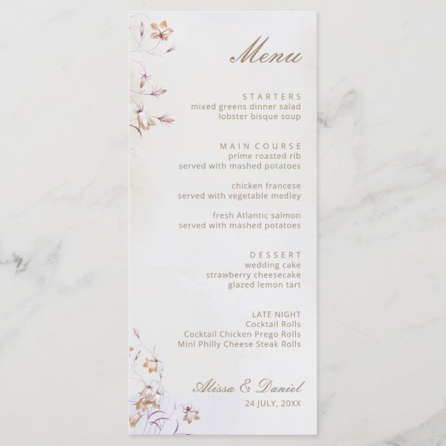 Tarjeta de menú Boho Floral Boda (Anverso)