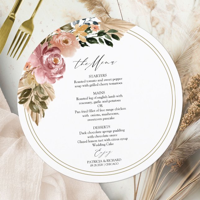 Tarjeta de menú Boho Floral Circle Boda de moda (Subido por el creador)