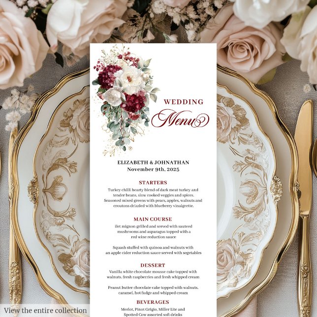 Tarjeta de menú Boho marsala floral de oro blanco  (Boho marsala white gold floral wedding menu card

)