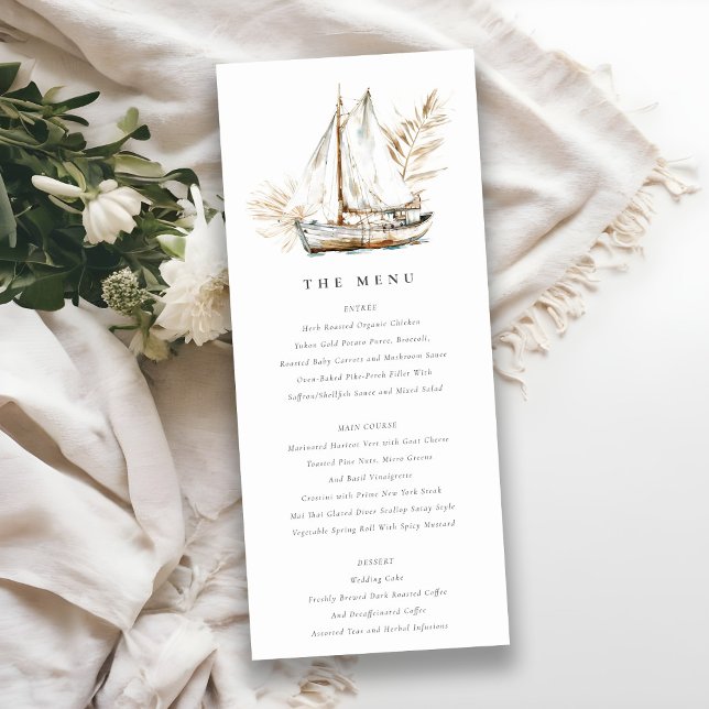 Tarjeta de menú Boho Palm Sailboat Seascape Boda (Subido por el creador)