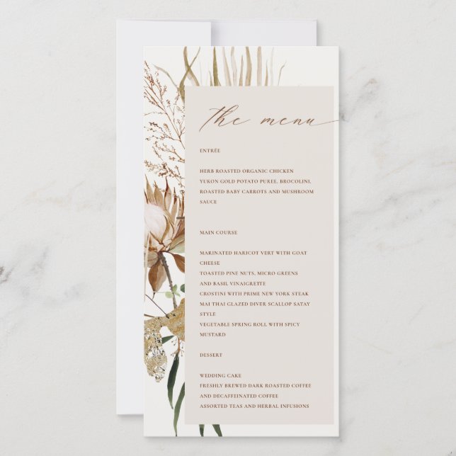 Tarjeta de menú Boho Protea Dried Palm Floral Boda (Anverso)