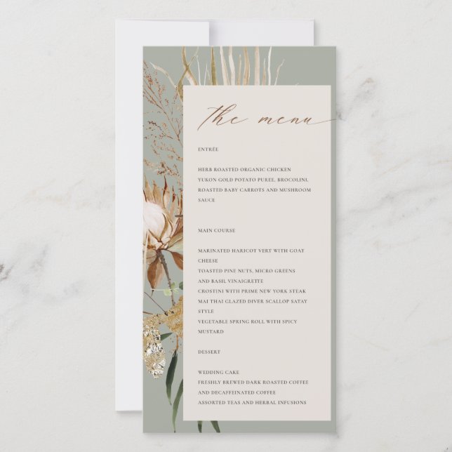 Tarjeta de menú Boho Protea Dried Palm Floral Boda (Anverso)