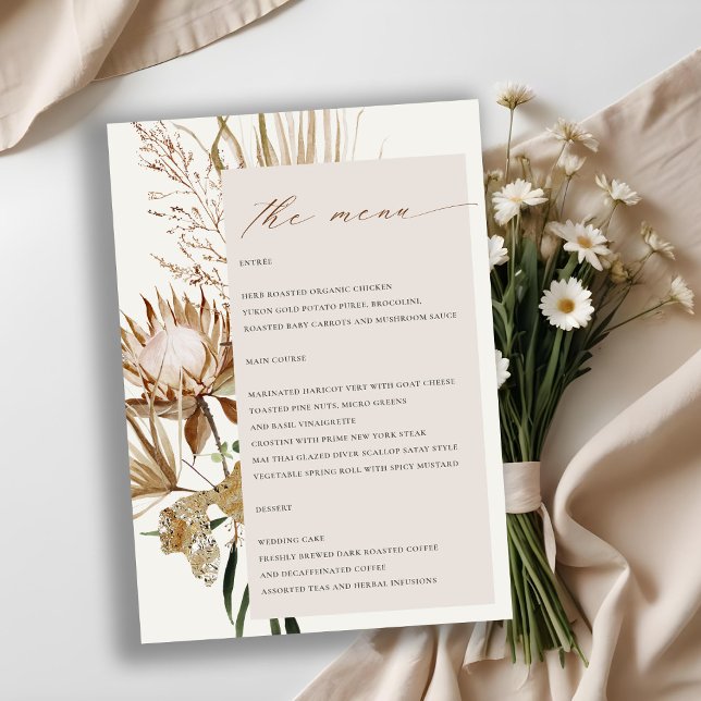 Tarjeta de menú Boho Protea Dried Palm Floral Boda (Subido por el creador)