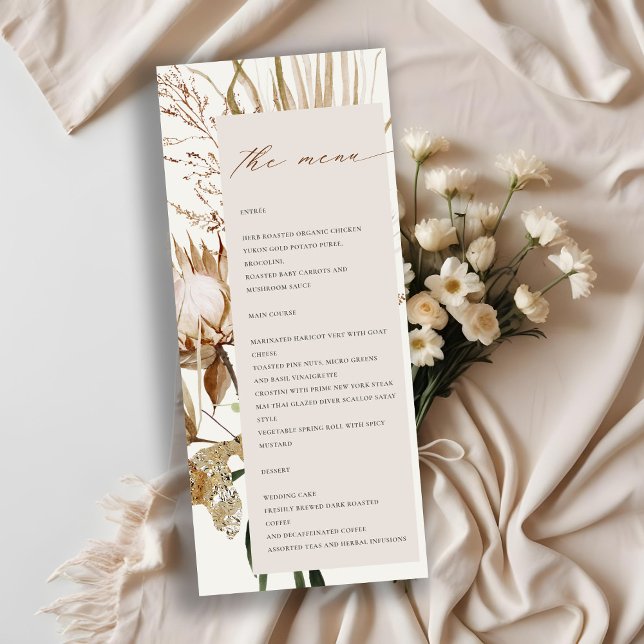 Tarjeta de menú Boho Protea Dried Palm Floral Boda (Subido por el creador)