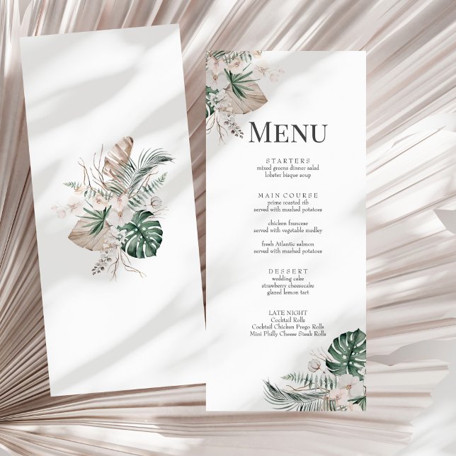 Tarjeta de menú Boho Tropical Orquid & Monstera Bo (Boho Tropical Orchid & Monstera Wedding Menu Card on a sunny white dry palm leaf.)