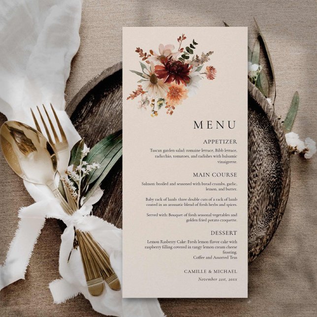 Tarjeta de menú Boho Wildflower Boda (Elegant Burgundy Floral Wedding Menu Card)