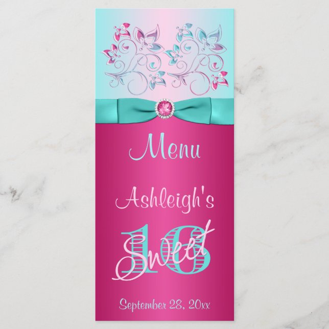 Tarjeta de menú BOW Pink, Aqua Floral Sweet 16 IMP (Anverso)