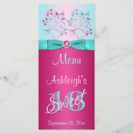 Tarjeta de menú BOW Pink, Aqua Floral Sweet 16 IMP