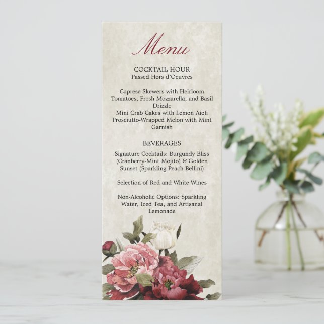 Tarjeta de menú Burgundy Bouquet Reception (Anverso de pie)