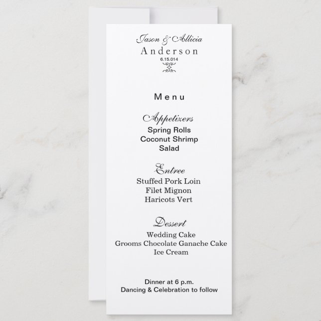 Tarjeta de menú Champán Shimmer para Bodas y Galas (Anverso)