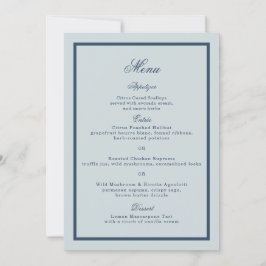 Tarjeta de menú clásico de boda costera en azul po
