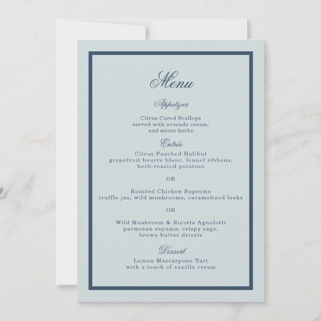 Tarjeta de menú clásico de boda costera en azul po (Anverso)