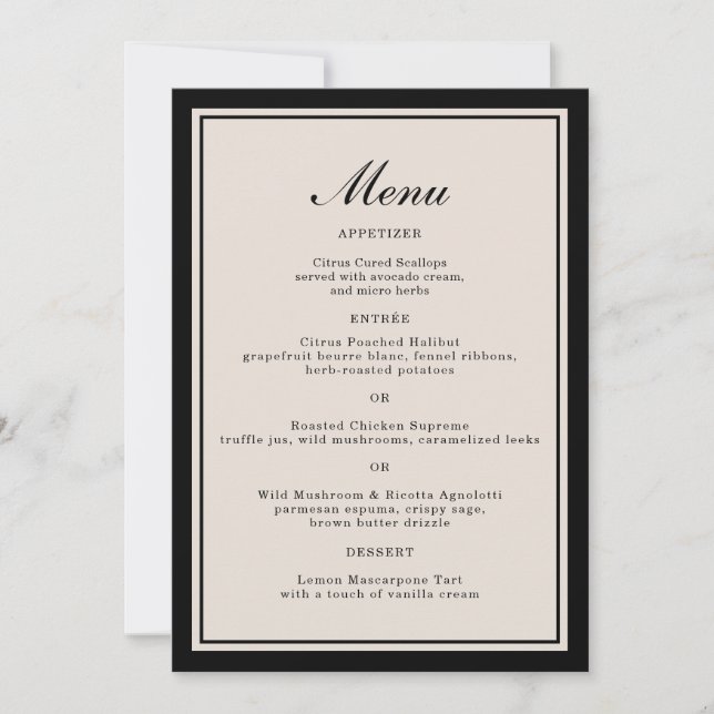 Tarjeta de menú clásico para boda de etiqueta (Anverso)