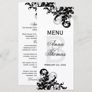 Tarjeta de menú con floritura negra y plateada