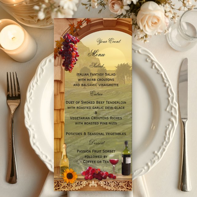 Tarjeta de menú con tema de viñedo o vino (Wedding menu card in vintage Italian style with a winery or vineyard theme)