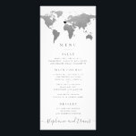 Tarjeta de menú Corazón del Mapa del Mundo Platead<br><div class="desc">Una tarjeta de menú de temas de viajes de mapas del mundo plateado y azul con un corazón móvil y extraíble para que puedas fijar tu ubicación o tema de boda de destino, o borrarlo por completo para un diseño de temas de viaje global o general. El color de fondo...</div>
