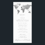 Tarjeta de menú Corazón del Mapa del Mundo Platead<br><div class="desc">Una tarjeta de menú de temas de viajes de mapas del mundo plateado y azul con un corazón móvil y extraíble para que puedas fijar tu ubicación o tema de boda de destino, o borrarlo por completo para un diseño de temas de viaje global o general. El color de fondo...</div>