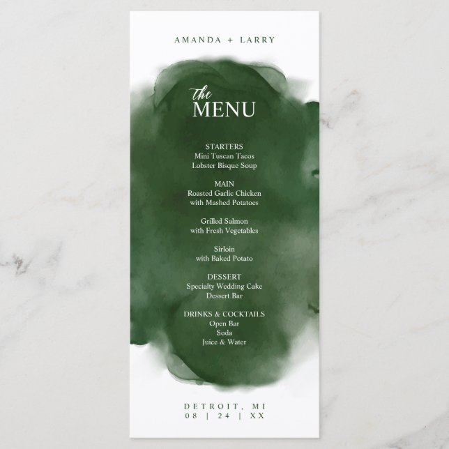 Tarjeta de menú de acuarela verde moderna y limpia (Anverso)