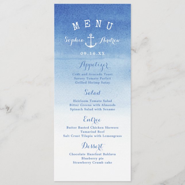 Tarjeta de menú de anclaje náutico de la boda de l (Anverso)