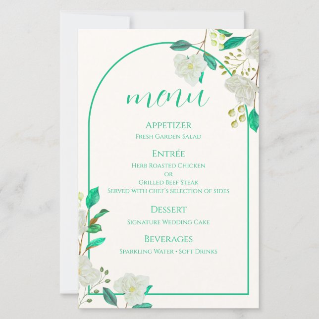 Tarjeta de menú de arco floral blanco (Anverso)