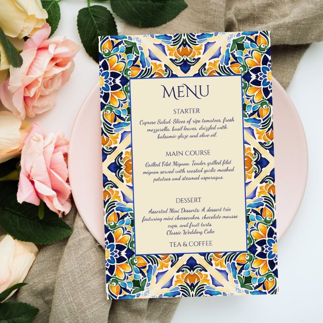Tarjeta de menú de azulejos azules azules de Talav (Talavera azulejo blue tiles vintage Mexican wedding  menu card personalized table decor)