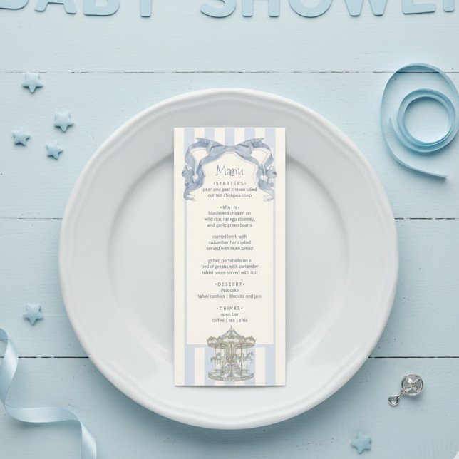 Tarjeta de menú de Baby Shower Oh Boy Blue Bow Car (Subido por el creador)