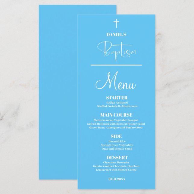 Tarjeta de menú de bautizo 4x9 Niño azul bebé (Anverso / Reverso)