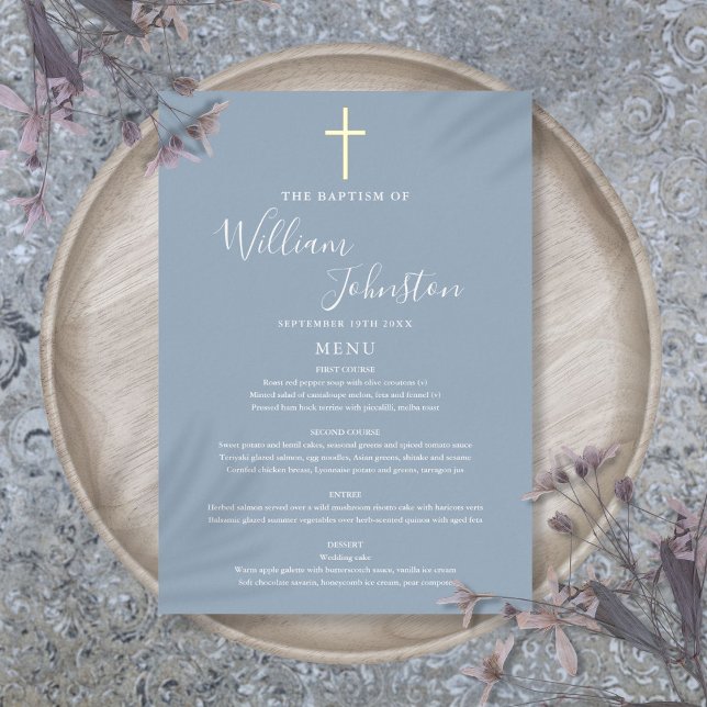 Tarjeta de menú de bautizo azul polvoriento con ho (Dusty Blue Baptism Christening Gold Foil Menu Card)