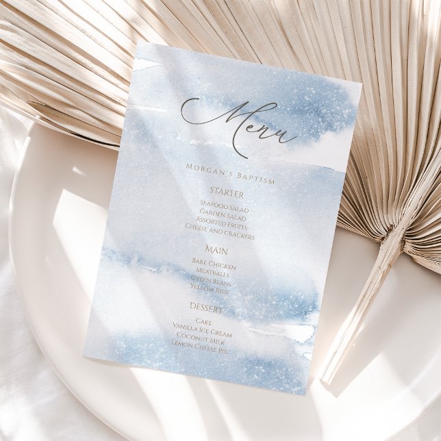 Tarjeta de menú de bautizo de niño con acuarela az (Blue Watercolor Boy Baptism Menu Card)