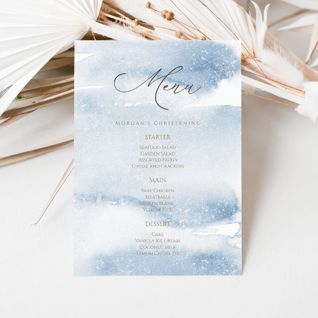 Tarjeta de menú de bautizo de niño con acuarela az (Blue Watercolor Boy Christening Menu Card)